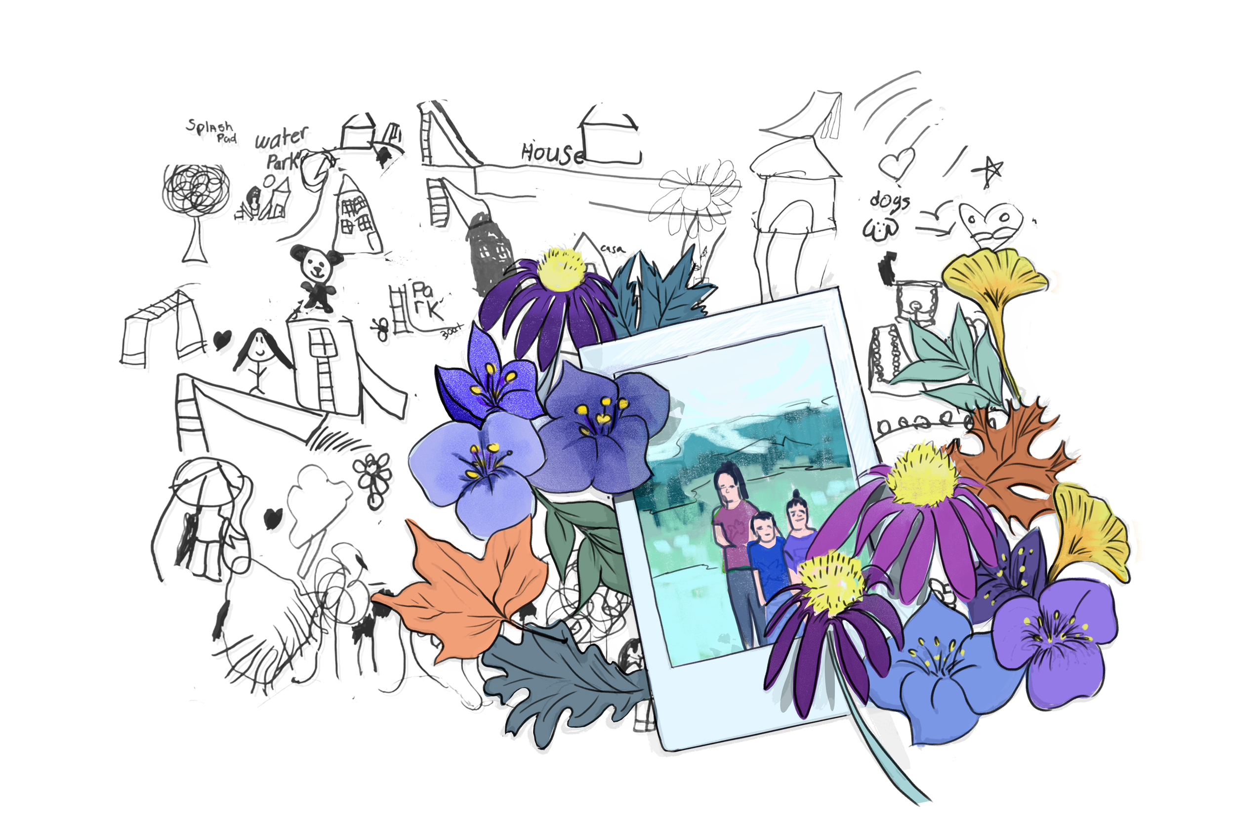 The illustration features native Illinois flowers and leaves, along with Polaroid images (taken by Cicero Independiente) from a local back-to-school event and drawings by local children of their vision for their dream park. Credit: Veronica Martinez/Cicero Independiente