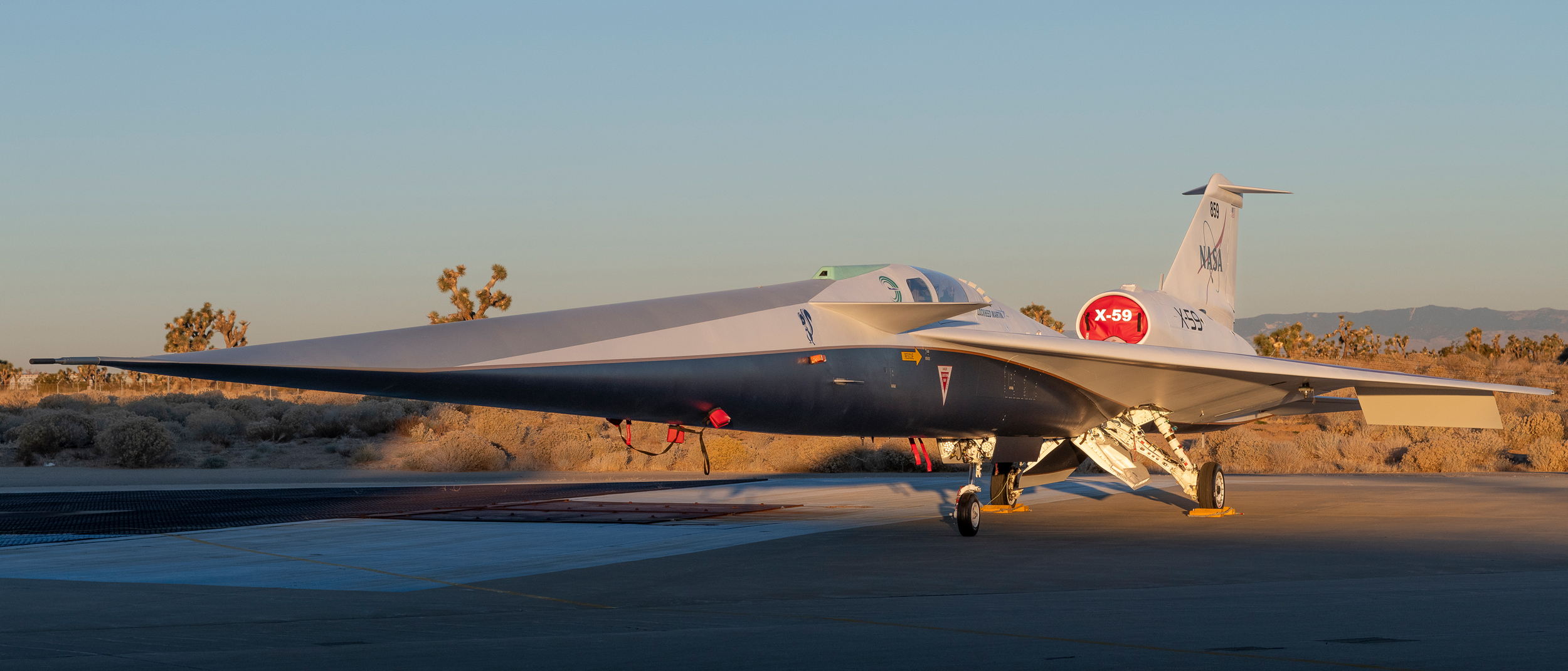 NASA’s X-59 supersonic research aircraft sits on the ramp at Lockheed Martin Skunk Works in Palmdale, California. Credit: Steve Freeman/NASA