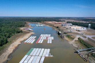 An aerial view of barges, stranded by low water at the Port of Rosedale along the Mississippi River on Oct. 20, 2022 in Rosedale, Mississippi. Credit: Scott Olson/Getty Images