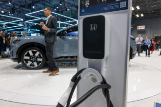 The new Honda Prologue is displayed at the New York International Auto Show on March 27 in New York City. Credit: Spencer Platt/Getty Images