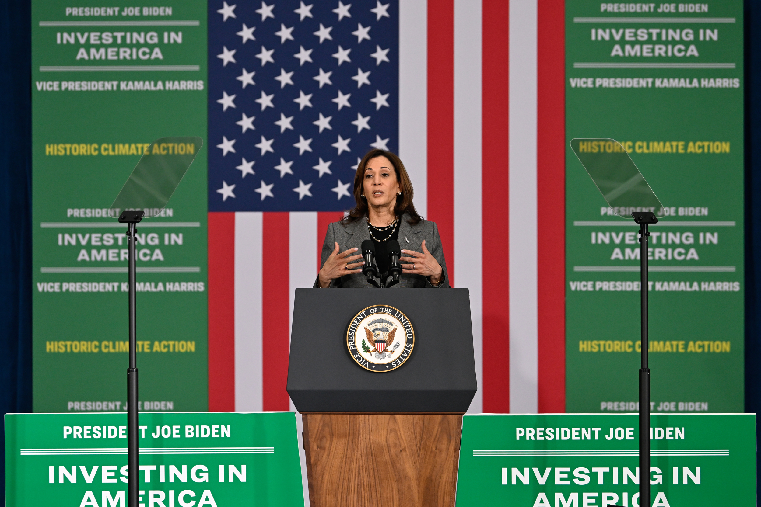 Vice President Kamala Harris delivers remarks about the Biden-Harris Administration's investments in climate action on April 4 in Charlotte, North Carolina. Credit: Peter Zay/Anadolu via Getty Images