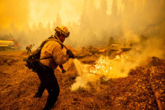 A firefighters extinguishes flames near State Road 172 as the Park Fire burns on Aug. 7 in Mill Creek, California. Credit: Ethan Swope/Getty Images